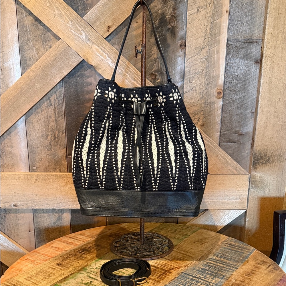 Tory Burch Black and Cream Woven & Leather Shoulder Bag and Backpack